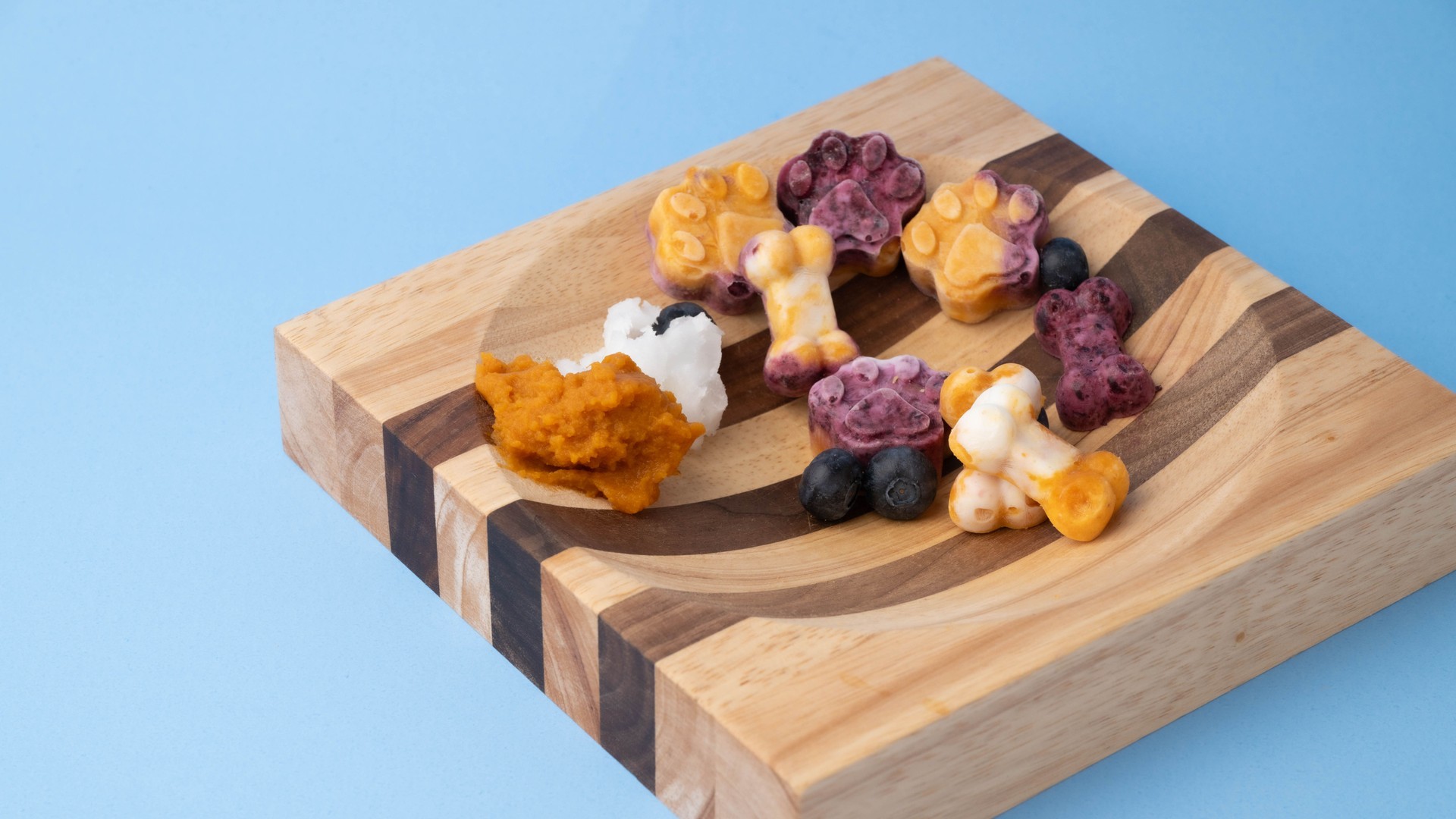 Frozen dog treats made with colorful blueberries, pumpkin, yogurt, and coconut oil, healthy organic pet snack.